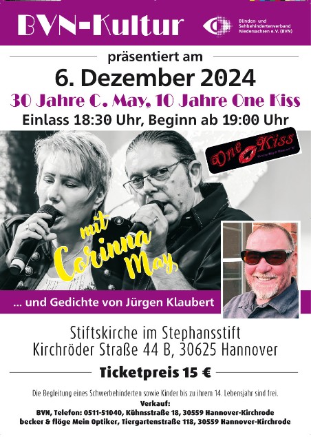 Flyer mit Logo von OneKiss, Bild von Corinna & Claus, mit aktuellem Termin