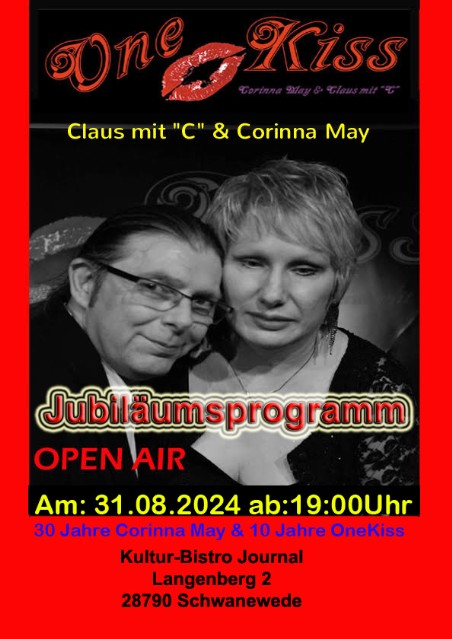 Flyer mit Logo von OneKiss, Bild von Corinna & Claus, mit aktuellem Termin